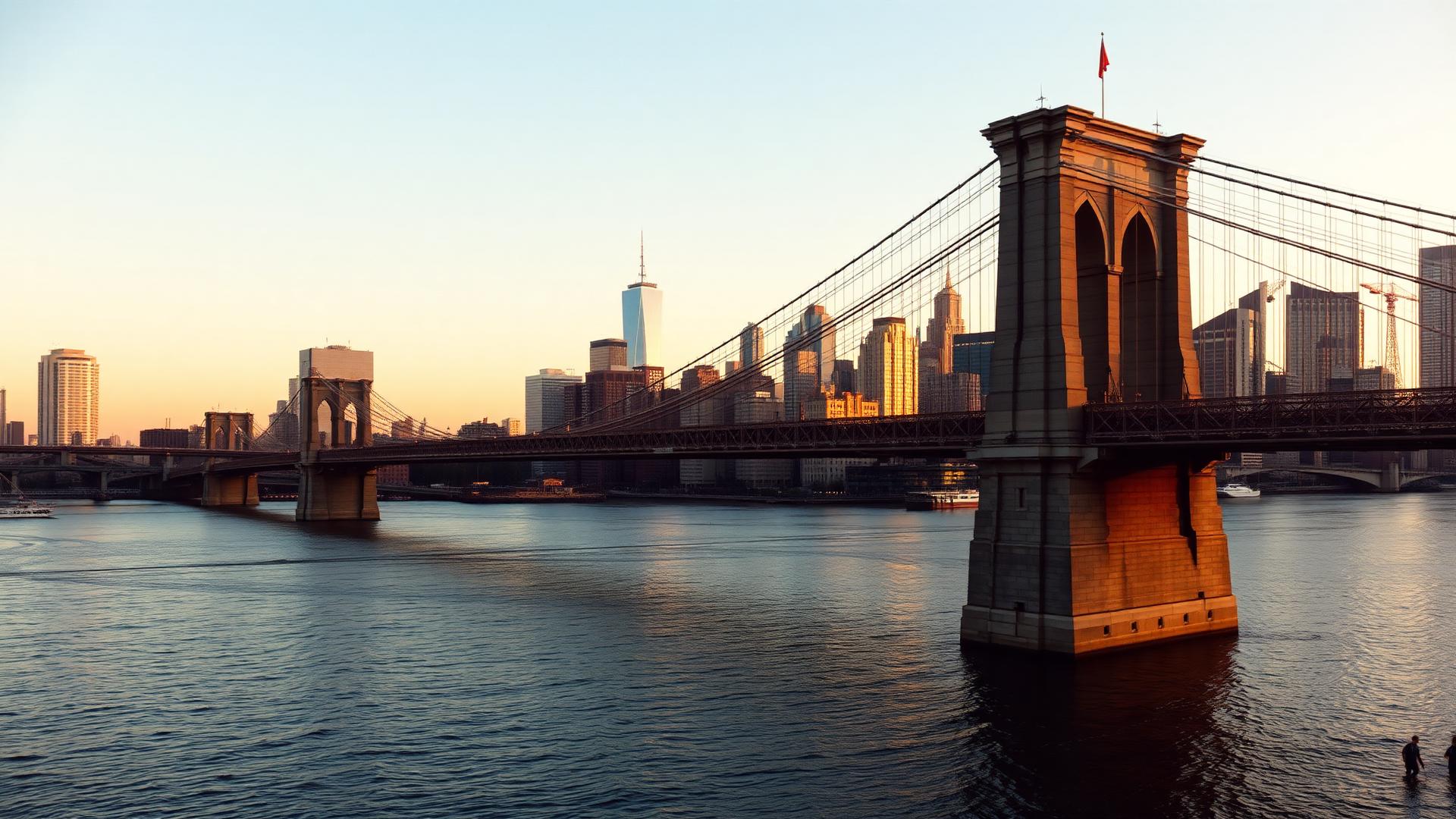 Brooklyn Bridge and Manhattan skyline at golden hour