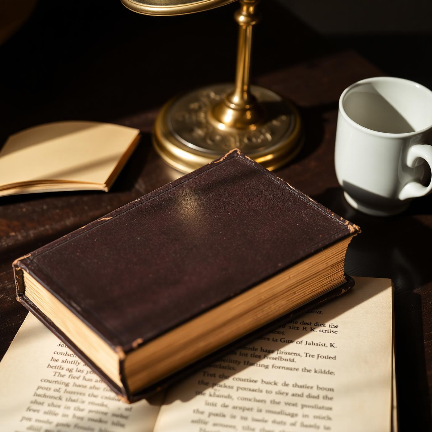 Worn hardback book beside a brass reading lamp on a dark wood desk