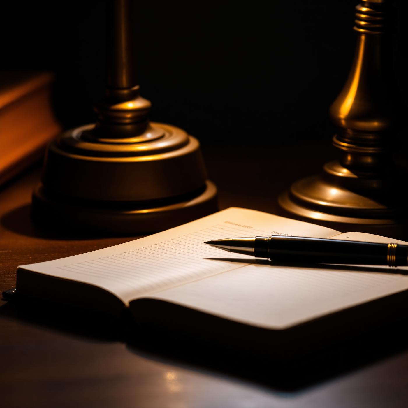 Open ledger book with fountain pen and brass lamp